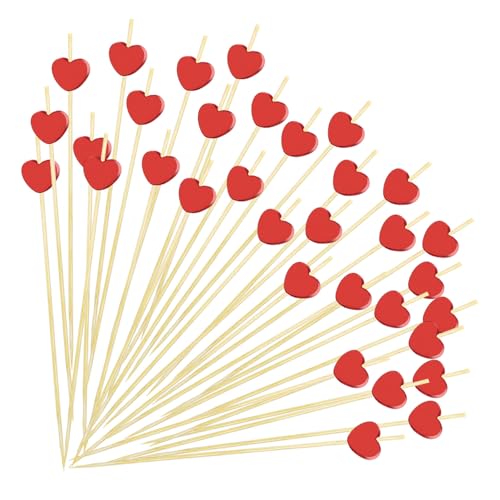 FUGUIR 100 Pcs Red Heart Cocktail Picks 4.7 Inch Long Bamboo Fancy Toothpicks Fruit Sticks Cocktail Skewers for Valentines Day Birthday Wedding Baby Shower Decoration Party Supplies