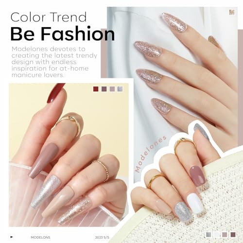 Image of modelones Gel Nail Polish Set 6 Colors Fall Winter White Nude Brown Gel Polish Maroon Burgundy Red Champagne Gold Silver Tan Nail Art Design Kit Basic Soak Off Manicure Salon DIY Gift for Women Girls
