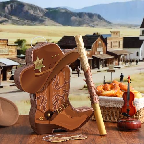 Pajean 3 Pcs Cowboy Boot Piñata Set Western Country Party Decorations Cowboy Hat Piñata with Stick Eye Mask for Boys Wild West Rodeos Birthday Baby Shower School Sports Events Gatherings Supplies by Pajean - Used condition - Image 4
