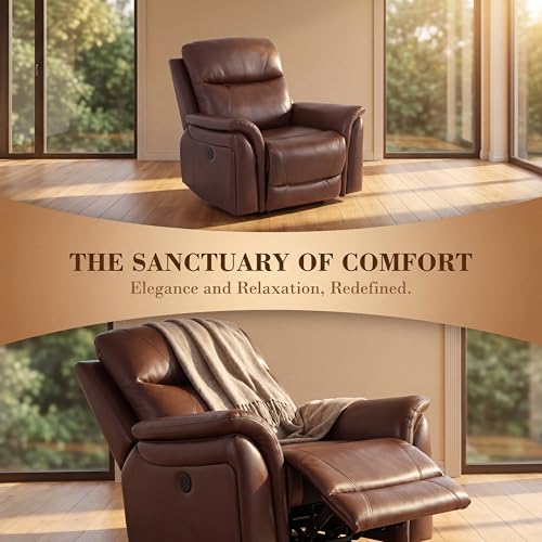Image of Single Leather Manual Recliner Chair, Oversized Lazy Boy Recliner with Home Theater Seating, Breathable Living Room Reclining Chair for Adults Reading, Gaming, Relax, Brown