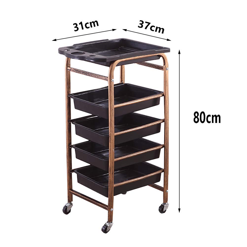 Carrello per salone di bellezza con 5 vassoi e supporto per asciugacapelli, carrello da barbiere con 4 ruote