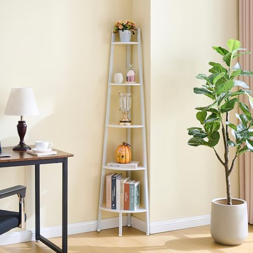 Hoctieon Corner Shelf, 5-Tier Corner Bookshelf, Rustic Ladder Shelf, Industrial Display Stand for Living Room, Kitchen, Home Office, Balcony, Small Space, Metal Frame, White by Hoctieon - Image 5