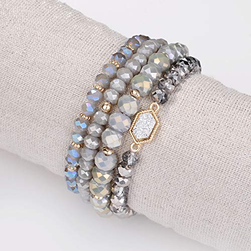 Image of Gold Beaded Bracelet Set, Square Stone Hexagon Druzy Stretch Beaded Stackable Bracelets Bangles
