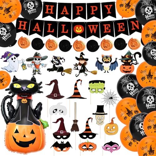Auauraintt Halloween Globos, Pancarta de Feliz Halloween, Juego de 53 Piezas de Decoraciones para Fiestas de Halloween, Accesorios para Fotos de Miedo, para...
