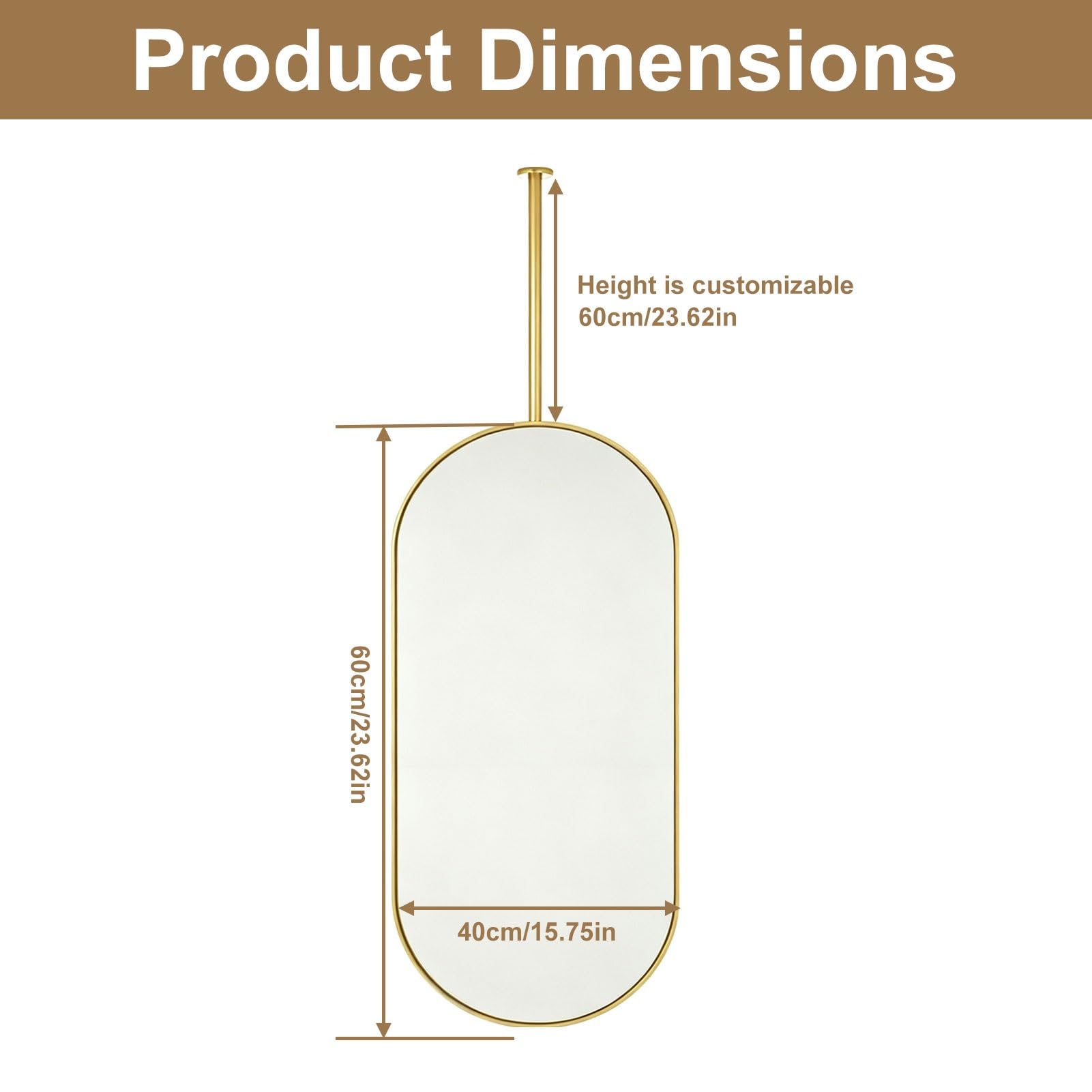Miroirs de rasage vanité de salle de bains avec tige suspendue au plafond | Miroir monté au plafond avec cadre et flèche en acier inoxydable brossé(Gold,40cmx60cm)
