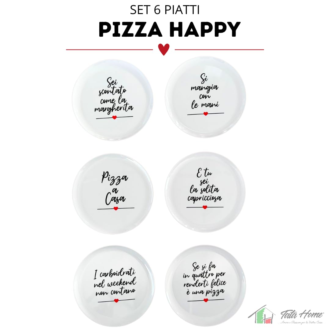 Tata Home Set 6 Piatti per Pizza in Melamina Diametro 33 cm con Decorazioni Scritte Simpatiche Piatti Piani Bianchi Grandi Mod. Happy