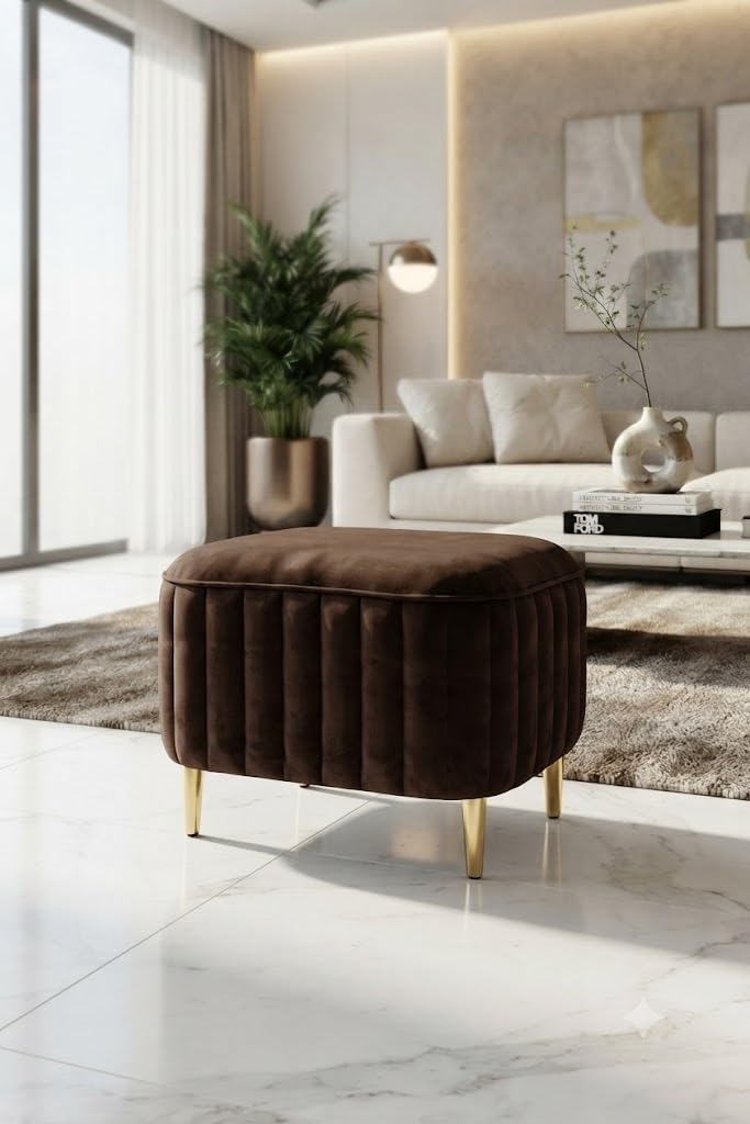 HM Handicrafts Modern Upholstered Round Ottoman Stool | Premium Tufted Accent Footrest with Gold Metal Legs | Soft Cushioned Vanity Stool for Living Room, Bedroom & Dressing Area, Brown-image-43