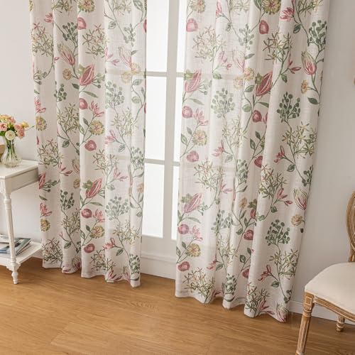 Image of SUOUO Red Jacobean Floral Semi Sheer Curtains 84 Inches 2 Panels Rod Pocket | Linen Textured,Light Filtering,Patterned Green Vine Botanical,Vintage Farmhouse Cottage,Window Drapes for Living Room Bedroom
