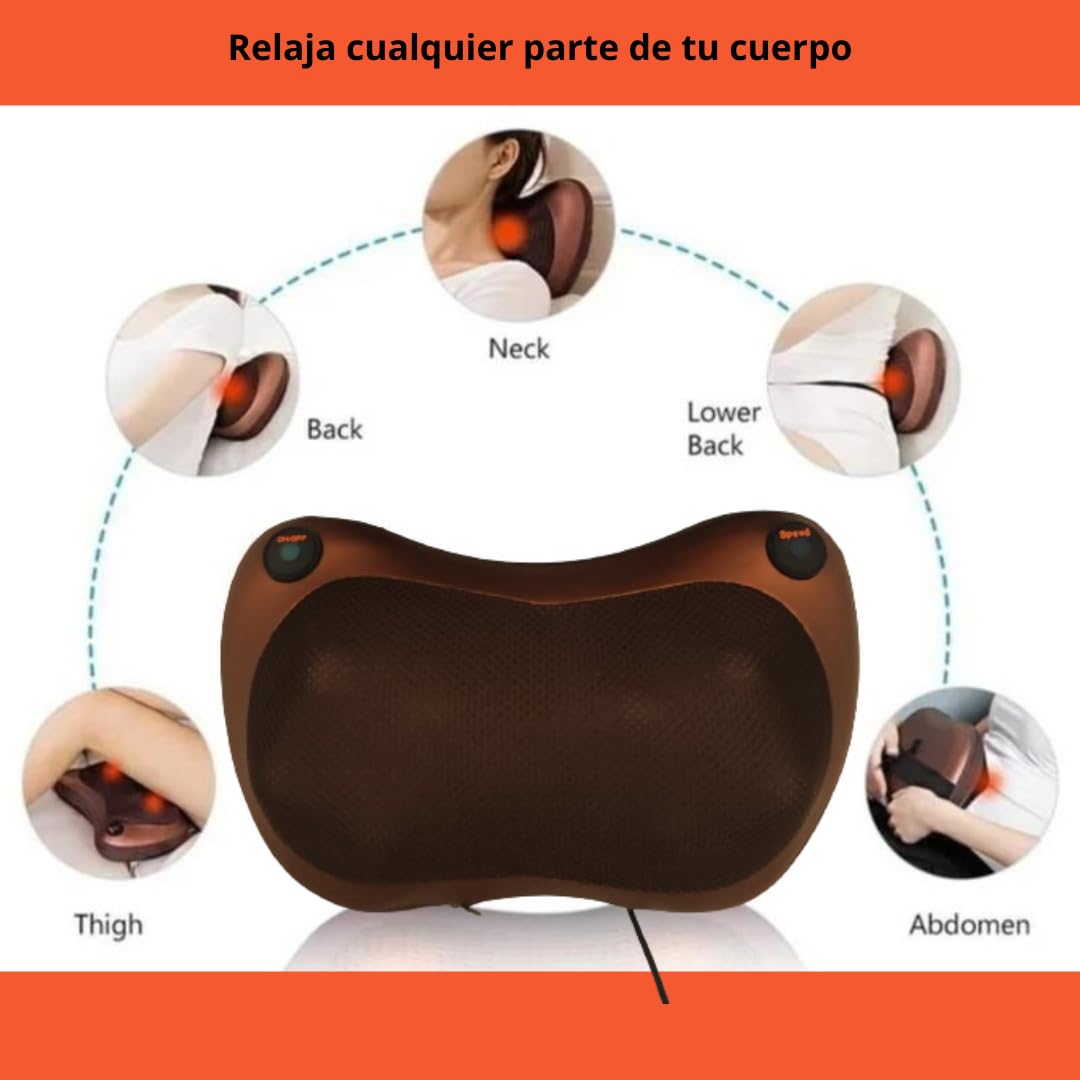 Masajeador Cervical y Espalda. Almohada relajante, Cojín Eléctrico con Calor, regulable con dos botones. Masajeador Bidireccional con 8 Rodillos, Ideal para Casa, Oficina, Coche o Viaje.