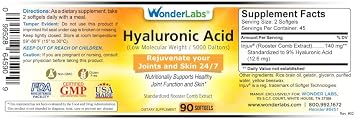 Wonder Laboratories Hyaluronic Acid 120mg, Made from Injuv Rooster Comb Extract, Nutritional Supports Health Joints and Skin, 270 Count