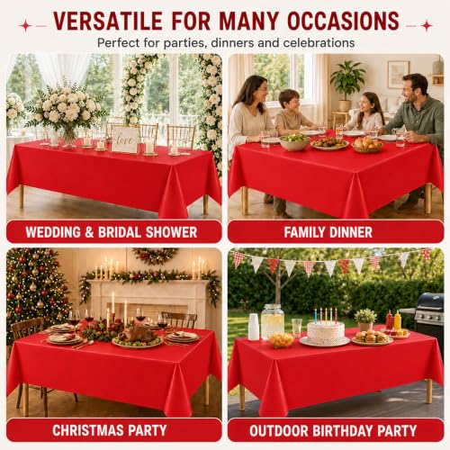 Image of WNINK 6 Pack Red Plastic Tablecloths, 54 x 108 Inch Disposable Covers | Ideal for Birthdays, Weddings, Christmas and Valentine's Day, Helping Protect Tabletops from Spills and Simplify Cleanup