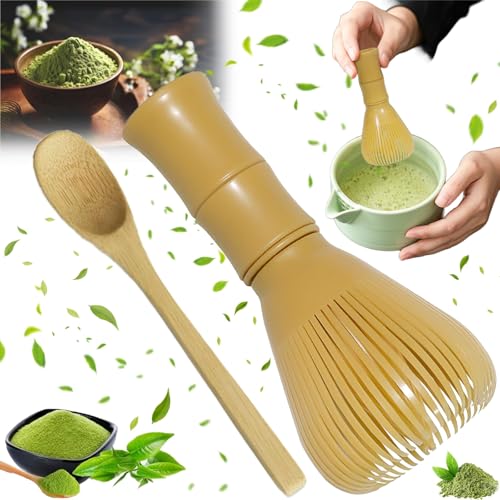 Liekadijiae Cepillo de Matcha Reutilizable, Matcha Kit Accesorio de Ceremonia, Batidor de Bambú Japonés Auténtico para té Matcha, Batidor Matcha Tradicional, Con una Cuchara de Bambú Japonesa
