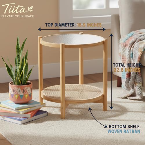 Image of Tiita Natural Rattan End Table with Storage, Bamboo Glass Top Side Table