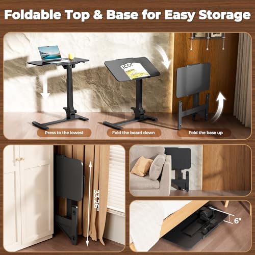 Image of JOY worker Foldable Overbed Bedside Table, 180 Tiltable Mobile Standing Desk with Wheels, 31.5 inch Pneumatic Height Adjustable Rolling Laptop Desk for Home & Hospital Use, Easy Storage, Black