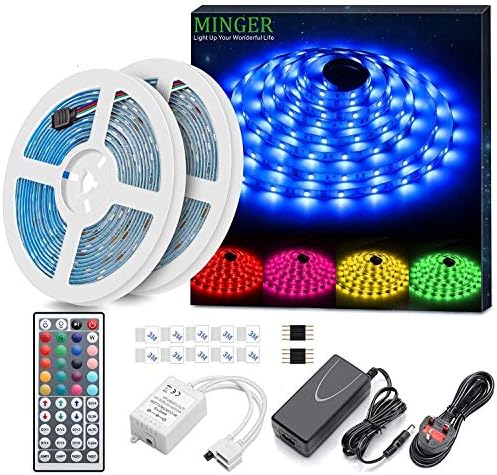MINGER LED Strip Light, 2x5m RGB SMD 5050 LED Rope Lighting Color Changing Full Kit with 44-Keys IR Remote Controller LED Lighting Strips for Home Kitchen Christmas Indoor