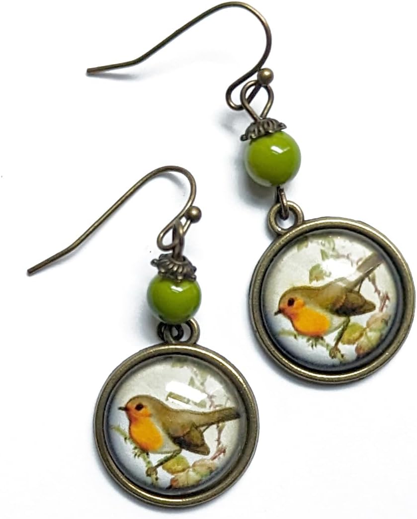Victorian Robin Bird Earrings Reversed Decoupage Glass Cabochon