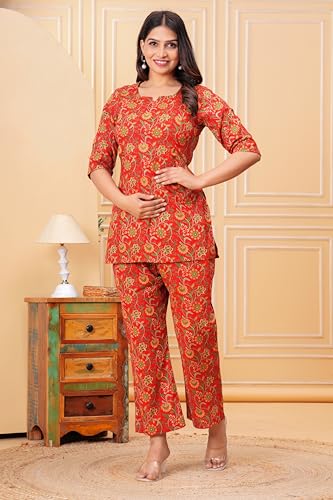 Image of Women Cotton Printed Co-Ord Set Kurta with Pant Set | Cotton Floral Printed Anarkali Maternity Feeding Kurta with Zipper /Maternity