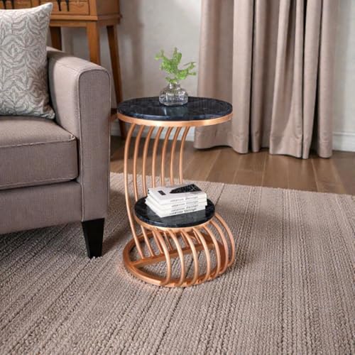 Image of Farmhouse Accent Coffee Table Simple Bedside Cabinet Small Round Table MDF Top Metal Table Living Room Sofa (Rosegold Black)