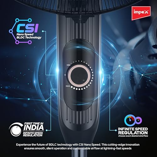 Image of Impex 400 mm BLDC Pedestal Fan 60 Watts | 2100 RPM BLDC Motor | Customisable Tilt And Oscillation Control | Height Adjustable | 3 Year Warranty