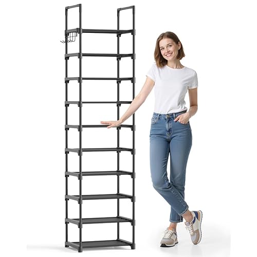 Kitsure Shoe Rack – 10-Tier Shoe Organizer with Detachable Fabric Shelves & Metal Frame, Tall Shoe Rack for Closet, Entrance, Living Room, 16.9″ x 11.8″ x 68.5″, Black