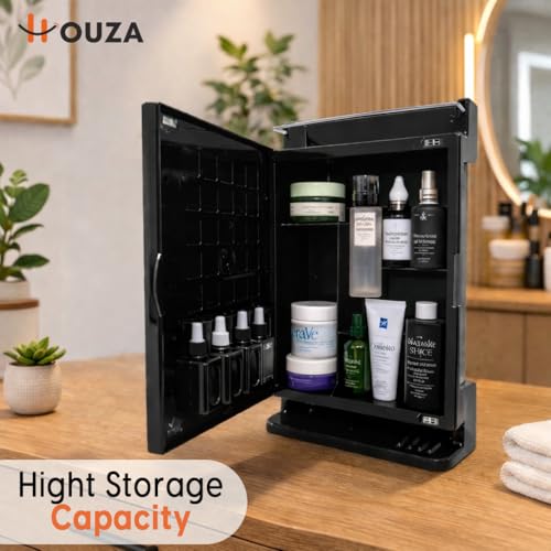 Image of HOUZA Premium Look Plastic Wall Mounted Bathroom Mirror Cabinet with Storage | Waterproof Storage Organizer with Shelves | Bathroom Accessories (Black)