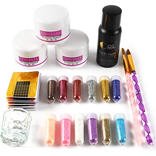 COSCELIA Acrylic Nail Kit,Clear White Pink Acrylic Powder and Liquid Nail Set,12 Colors Glitter Powder,Acrylic Nail Art Brush Tools Manicure Kit