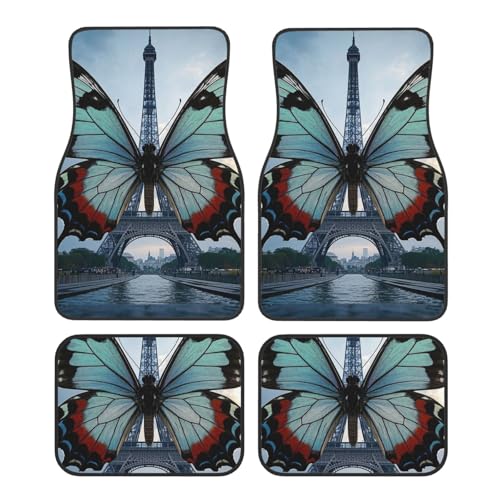 Juego de alfombrillas para coche delanteras y traseras con estampado de París y mariposas