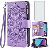 Asuwish Compatible with Samsung Galaxy J3 Luna Pro J 3 Prime 2017 Emerge 3J Eclipse Mission Wallet Case and Tempered Glass Screen Protector Flip Card Holder Cell Phone Cover for Glaxay S327VL Purple