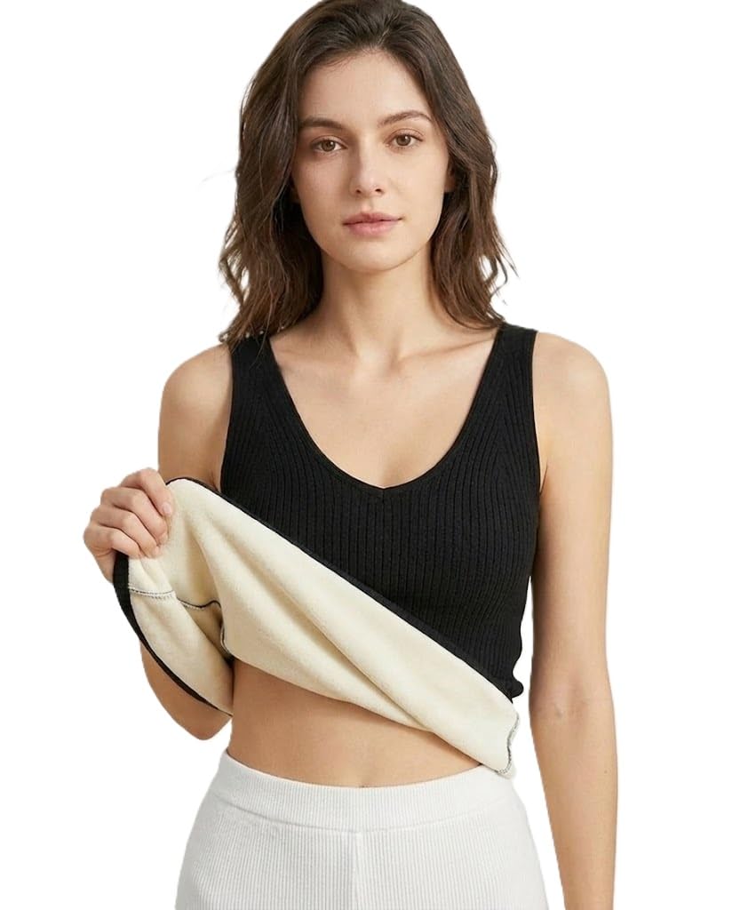 X-Small Black Girls Women Female Slips Slim Fit Cotton Thermal Fleece-Lined Underwear Tops Camisole Top Warm Base Layer Stretchy Body Shaper Vest for Winter Women's Tank Top-image-20