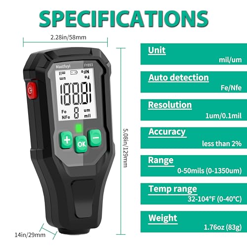Lackschichtdickenmessgerät, Lackdickenmessgerät, Digital Car Coating Depth Gauge Tester mit Resol 0.1mil, Tragbares Lackdickenmessgerät für Gebrauchtwagenkäufer Autoaufbereiter, F/NF Messung, Auto-Aus