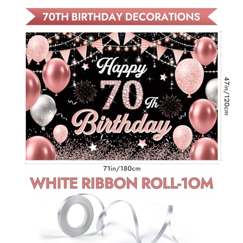 Image of 70th Birthday Decorations for Women - Happy 70th Birthday Banner Decorations Cheers to 70 Years Birthday Party Indoor and Outdoor Decoration Suppiles Pink Backdrop for 70th Birthday Party Favors Decor