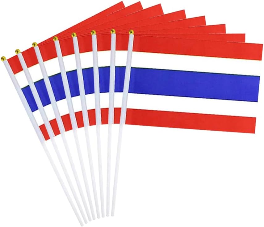20 Pack Small Thailand Flags on Stick, 5x8'' Handheld Thai Flag, 12'' Plastic Staff, Double-Sided Printed Polyester, Waterproof Fade-Resistant for Independence Day, Parades, Patriotic Events