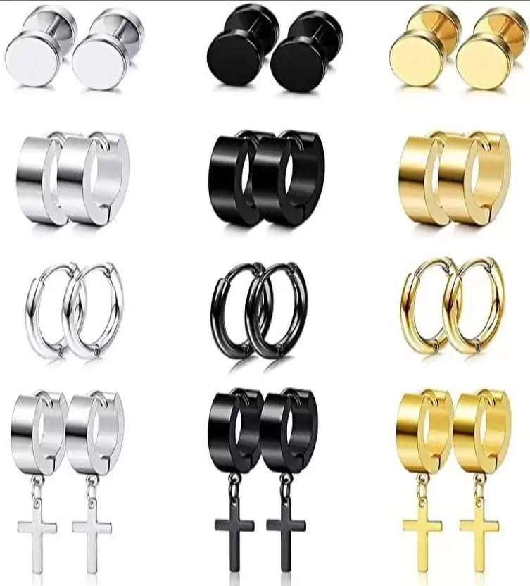 Valentine jewellery Stainless Steel Mens Earrings Combo Black Gold Silver Piercing Screw Bali Stud Hoops Earing Multicolor Earrings Combo for men boys Unisex