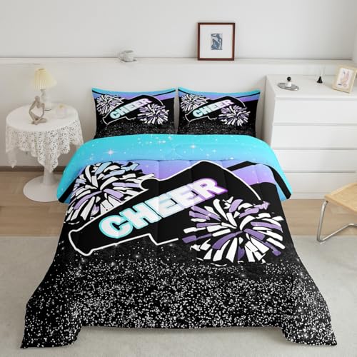 Image of Feelyou Blue Purple Cheer Comforter Set Dreamy Girly Gymnastic Sports Comforter for Kids Boys Girls Gymnastics Lovers Bedding Set Cheer Sports Duvet Set Room Decor Quilt King Size Boys