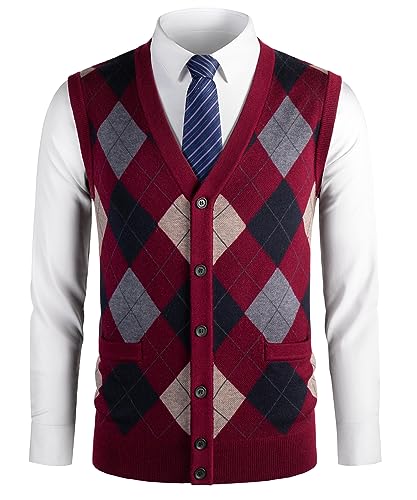 Herothorn Herren Diamant West Dick Strickweste Business Ärmellose Pullunder Wollweste Argyle Lässig V-Ausschnitt Pulloverwestee Gestrickt Pullover für Männer