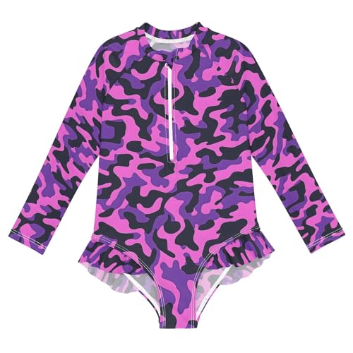 ALAZA Funny Camo Camouflage Girls One Piece Swimsuit Long Sleeve Rash Guard Swimsuits UV 50+ Swimwear Zipper