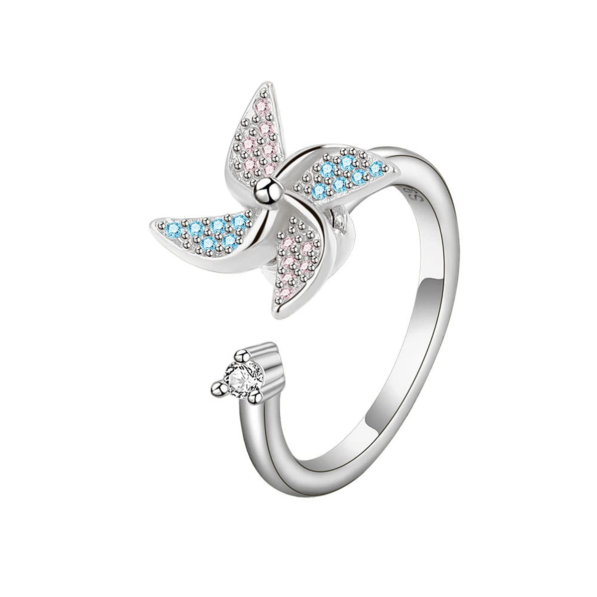 Chereda 925 Silver Fidget Spinning Windmill Zircon Ring For Women Girls Gift Drip Oil Adjustable Ring Creative Design Jewelry
