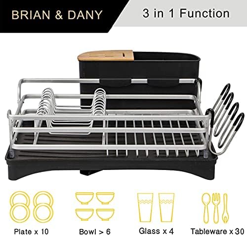 BRIAN & DANY Dish Drainer, Aluminum Dish Drying Rack with Removable Cutlery Holder & Cup Holder, Unique 360° Swivel Spout Drain Board, Silver, 41.9x 29.9x 13.4 cm