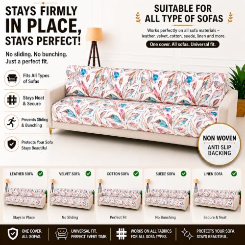 Image of Homerz Premium Printed Quilted Velvet Sofa Slip Cover Protector with Tassels, Sofa Mat, Exact Size, Antislip Cover (Multileaf, 6 (3+2+1) Seater, Full)
