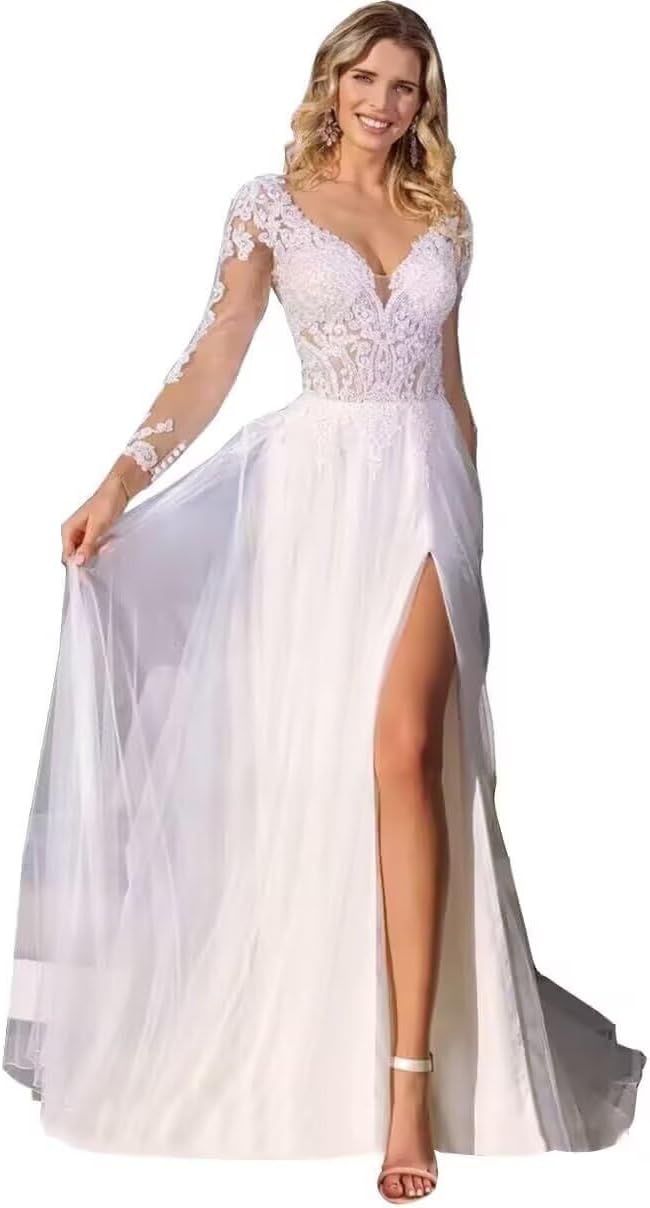 Tianzhihe Off Shoulder Wedding Dresses for Bride Lace Applique A Line Spring Boho Bridal Gown with Train