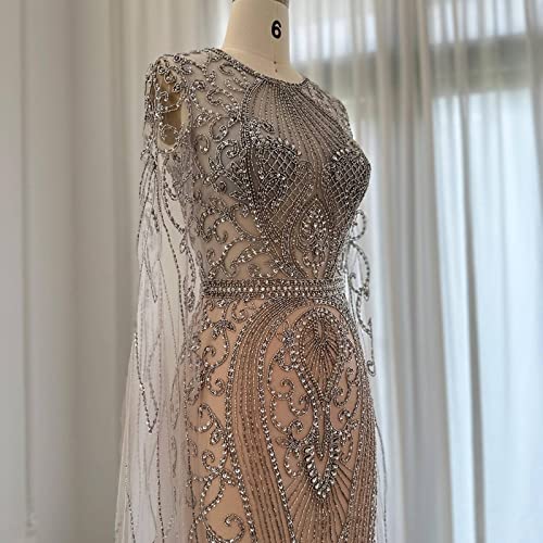 Mbeta Luxury Silver Evening Dresses With Cape Sleeves Champagne Arabic Women Wedding Party Dress #TOP3