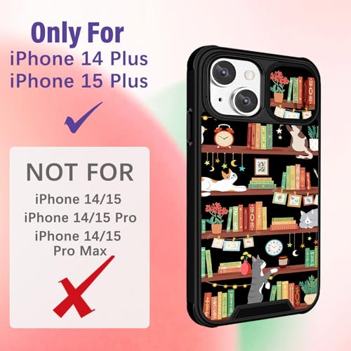 Image of Funermei for iPhone 14 /for iPhone 15 Plus Case - Women Girls Cute Phone Cover Girly Pretty Aesthetic Cat and Books Unique Design with Camera Cover Funda for Apple for iPhone 14 /for iPhone 15 Plus