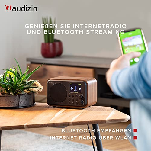 Audizio Venice - Internetradio WLAN Radio mit Fernbedienung, Akku Bluetooth Radio klein, Wecker mit Doppelalarm, Radiowecker Sleeptimer, Line-Out, DLNA, Holz Braun – Bild 4