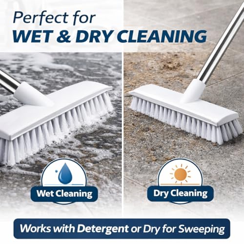 Image of Milton Bathroom Brush Floor Cleaning with Long Handle, 49 Inch Adjustable Scrub Brush with 3 Section Stainless Steel Rod Hard Bristle Tile Scrubber for Bathroom, Kitchen, Wall & Floor Cleaning Tool