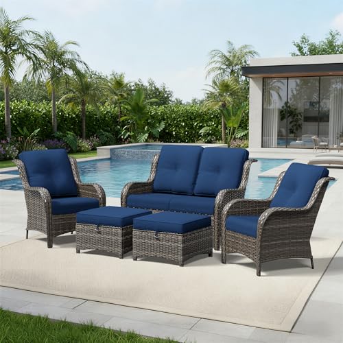 Image of Joyside 5 Piece Wicker Patio Furniture Set, Rattan Patio Chairs with High Back, Deep Seating, Wide Armrest, Thickened Cushions, Outdoor Furniture for Deck, Porch Use