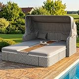 PLLBIKK Sonnenliege mit Markise, Sonneninsel aus Rattan, Gartenliege Outdoor Wetterfest, Doppelliege mit Kissen, Terassenmöbel Relaxsessel für Balkon & Garten, Grau