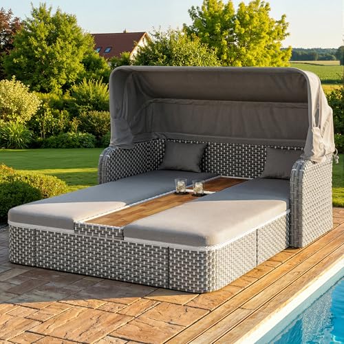 MAMAINI Conjunto de muebles de jardín de ratán de ratán con pabellón/salón de jardín con protección solar, muebles de terraza resistentes a la intemperie, incluye sofá, taburete, sillón y mesa/para