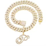 PTJDSMF Collar de cadena de eslabones cubanos con inicial chapada en oro y plata para mujer, cadena de eslabones cubanos de Miami con colgante para mujer, Zinc, Diamantes de imitación
