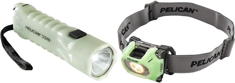 Pelican LED Flashlight and Headlamp Bundle with Photo Luminescent Bodies (3310PL - 378 Lumens & 2750C - 259 Lumens)