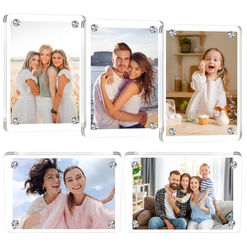 Dewocke 5 Pack Acrylic Fridge Magnetic Frames, Magnet Picture Frame Fridge, Fridge Photo Frames, Clear Magnet Photo Frames, Magnetic Double Sided Photo Frame for Refrigerator Desktop Display, 9 * 6CM